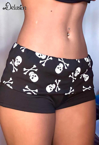 1/3 Delusion Gothic Black Skull Print Shorts Low-Rise Slim-Fit Shorts